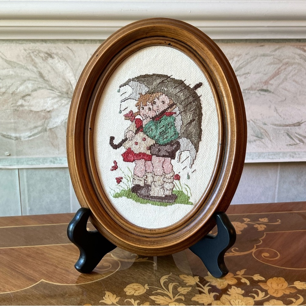 Hummel Children In the Rain Stormy Weather Completed Oval Framed Cross Stitch